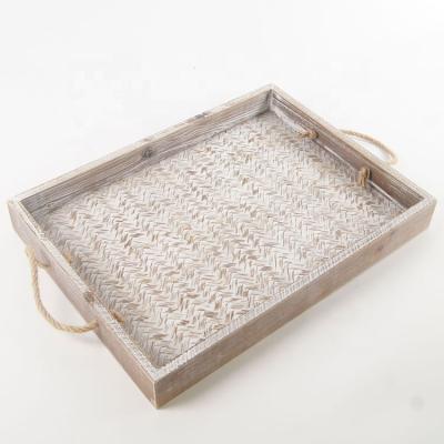 China New Arrival Wooden Decorative Serving Phota Wood Bamboo Weaving Tray with Hemp Rope Handle for Living Room, Kitchen for sale