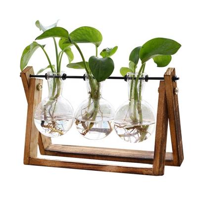 China Mini Plant Pastoral Greenhouse with Wood Stand, Swivel Glass Stand Metal Retro Air Planter Bulb Vase Table Top for sale