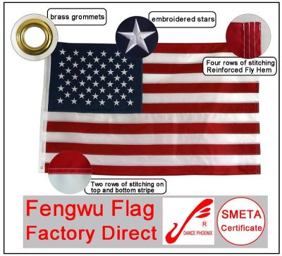 China 2x3ft 210D Hanging Nylon Embroidered USA American Flag for sale