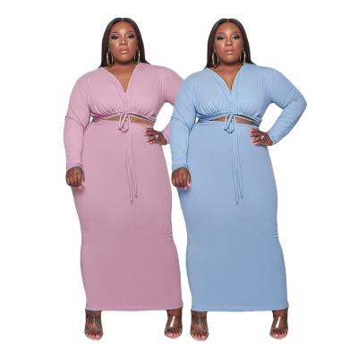 China 2022 summer two piece ladies plus size solid color long sleeve wholesale drawstring plus size dress for sale