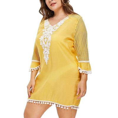 China Sustainable Loose Yellow Lace Cutout Long Sleeve Knitted Summer Mini Women's Plus Size Dress for sale