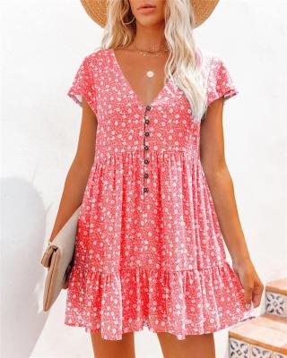 China High quality customized floral short-sleeved casual dress viable 2022 summer new V-neck button European and American women's dress for sale