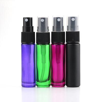 China Personal Care 10ml Slim Glass Tube Spray Bottle Rose Pink Blue Green Black Fine Glass Mist Perfume Bottle for sale