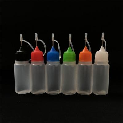 China Long Metal Bottle 10ml Chemical Squeeze Spout Pe Ejuice Plastic Bottle With Colorful Caps for sale