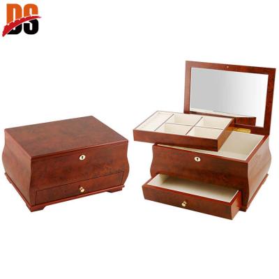 China Custom Luxury Classic Design Wooden Jewelery Box Design Wooden Jewelry Box For Brown Fitted With Mirror for sale