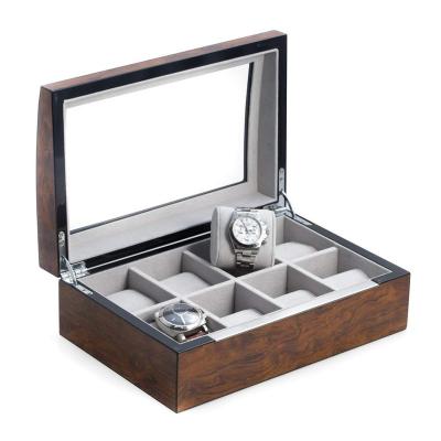 China / Eco-Friendly Recycled Burl Wood 8 Factory Lacquered Watch Case With Glass Top And Stainless Steel Accents Watch Wood Boxes for sale