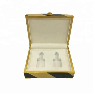 China DS Recyclable High Glossy Perfume Packaging Box Cosmetics Delicate Gift Box Wooden Perfume Box Two Bottles for sale