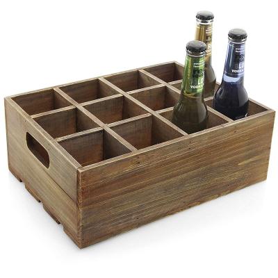 China Rustic Vintage Recyclable Brown Finish Wood 12 Slot Beer Bottle Serving Crate Beer Storage Box with Carry Handles for sale