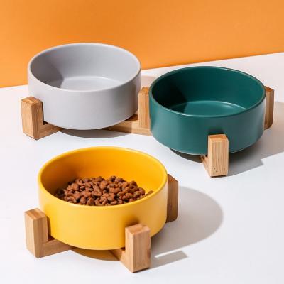 China Durable Ceramic Round Dog Cat Bowl Durable Ceramic Food Water Elevated Dish Food Feeder Dog Bowl For Pet With Wooden Stand for sale