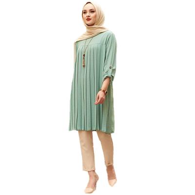 China Anti-Wrinkle Muslim Multicolor Casual Pleated Loose Long Sleeves Around Neck Comfortable Plus Size Top for sale