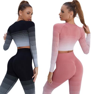 China Breathable European And American Long Sleeve Fitness Yoga Pants Suit Wind Gradient Ins Wind Gradient Yoga Running Tights for sale