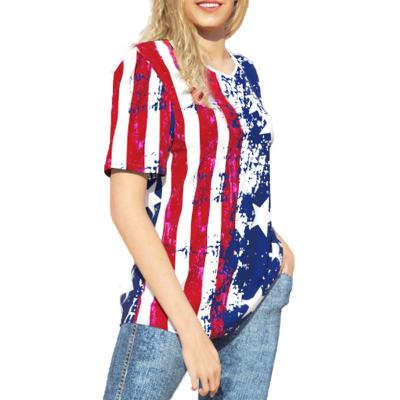 China European and American Short Sleeve Polyester Women's Flag Printing Knitted T-shirt Independence Day for sale