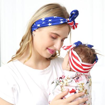 China Headband Mother and Son Bunny Ear Set Red and White Blue Star Striped Knotted Headband National Day for sale