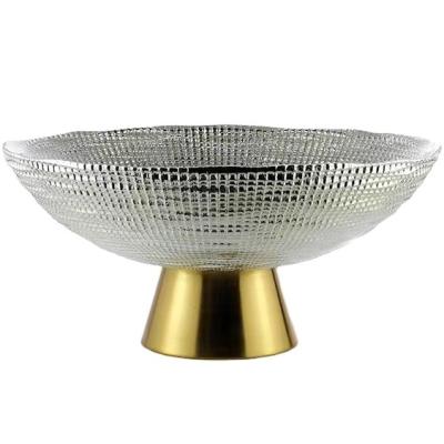 China Europe 33cm*14cm round plating processGlass fruit dish with copper foot handle for sale