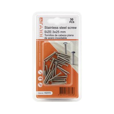 China K2372 New Packing 3x25mm Stainless Steel Head Screws Factory Outlet Flat Flat Tapping Screw Wholesale for sale