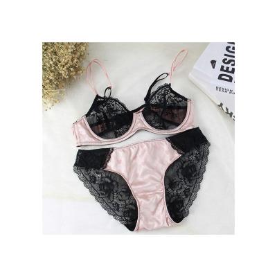 China Fashion Selling Girls Comfortable Breathable Hot Sexy Cup Bra Bright Satin Lace Softbra Set for sale