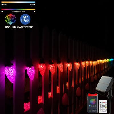 China Blue Tooth Stander 5.0/4.2 25 LED C7 C9 Solar Remote Control Outdoor Patio Christmas Lights Bulbs APP RGB Strawberry Lights Solar String Lights IP65 C9 for sale