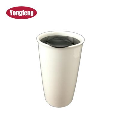 China Viable Single White Bistratal Ceramic Empty Travel 16oz Coffee Mugs With Plastic Lid With Close And Open Switch for sale