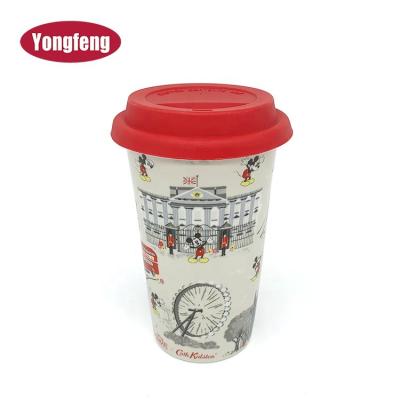 China Travel Sustainable 11oz Double Walled Ceramic Mug With Silicone Lid By FAMA Factory for sale