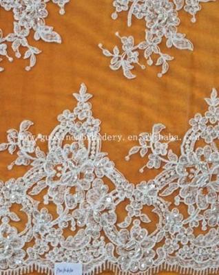 China Viable Order Graceful Ivory Beads Lace Up Wedding Dress Beaded Lace Fabric for sale