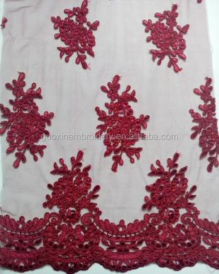 China Viable elegant fashion wine red embroidery lace fabric with shining stone for wedding dress/evening dress/garment for sale