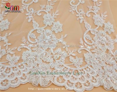 China Latest Fashion Viable Design Tulle Beaded Lace Fabric For Wedding Dress for sale