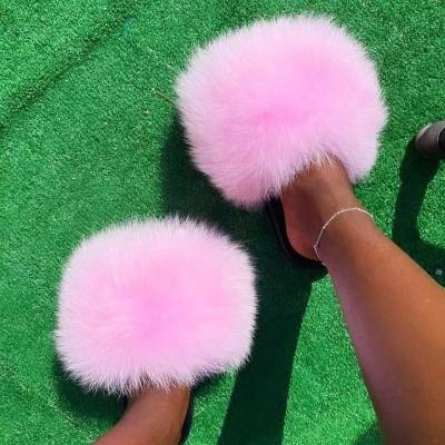 China Fashion Trend Sale Summer Deaigner Fox Fur Warm Sandals Slippers Full Coverage Hot Pink Fluffy Slides For Women for sale