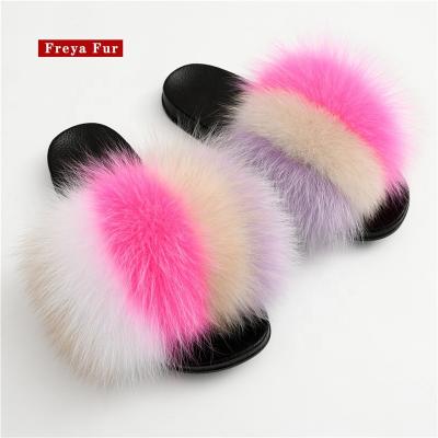 China 2021 Fashion Trend High Quality Women's Fur Slides Real Multicolor Fox Fur Fluffy Slippers Real Full for sale