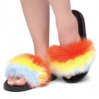 China Fashion Trend High Quality Muti Kids Color Real Fur Slides Fuzzy Fluffy Women Colorful Fox Raccoon Fur Slippers for sale