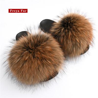 China Fashion Trend Wholesale Price Solid Color Real Full Color Raccoon Fur Fluffy Slides Fast Shipping for sale