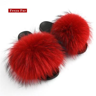 China Wholesale Custom Made Raccoon Fur Women Fashion Trend Logo Real Fur Slipper Outdoor Hairy Red Fur Slippers for sale