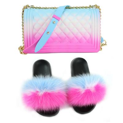 China Deodorization Factory Direct Wholesale Fur Slides Real Fox Fur Slides Fur Slides With Purse Set for sale