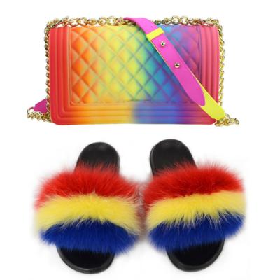 China Deodorization Factory Direct Wholesale Fur Slides With Purse Set Custom Fur Slides Full Fur Slides With Purse Set for sale