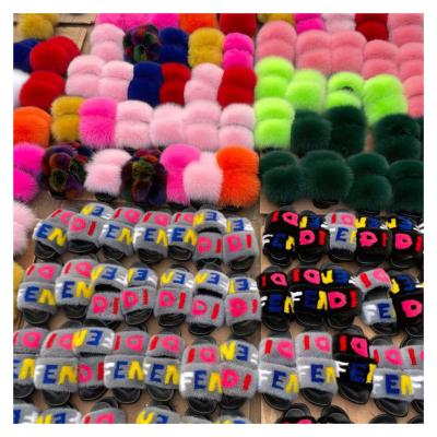 China Wholesale Custom Made Soft Mink Fur Slides For Women Fashion Trend Colorful Logo Brand Fluffy Mink Fur Slides for sale