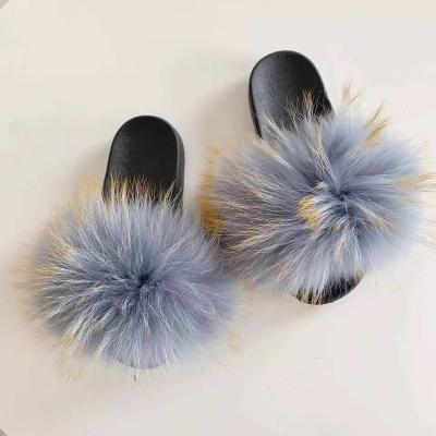 China Wholesale Fashion Trend Faux Fur Slides For Women Faux Fur Slippers Sandals Gray for sale