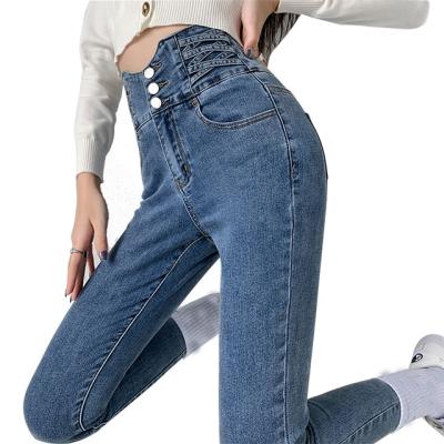 China New Style Breathable Fashion High Elasticity And High Waist Tight Pants With Buttons Slim Women Jeans for sale