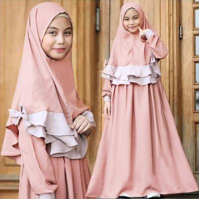 China Solid New Design Crew Neck Solid Color Girls Dress Islamic Clothes Hijabs Set Arabic Kids Party Muslim Dresses Prayer Abaya for sale