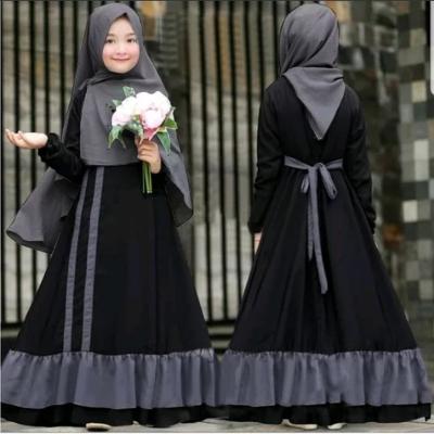 China Solid High Quality Children Abaya 2023 Fashion Girl Dress Headscarf Solid Comfortable Two-piece Pleated Muslim Clothing Kids Abaya for sale