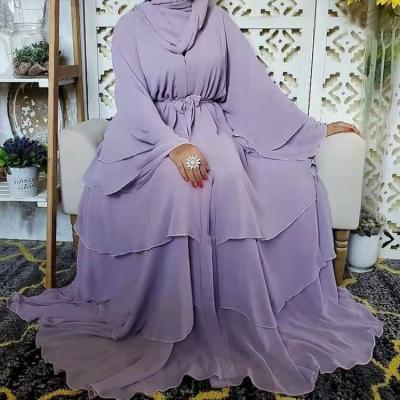 China Wholesale Women Open Abaya Muslim Dress 3 Layer Wrinkle Polyester Clothing Dubai Islamic Open Abaya Women Dress for sale