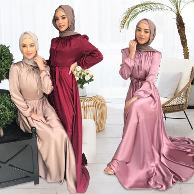 China Elegant Swing Satin Tunic Dubai Solid Color Muslim Dress Eastern Europe Medium Maxi Long Dress Feminine Tunic Large Size for sale