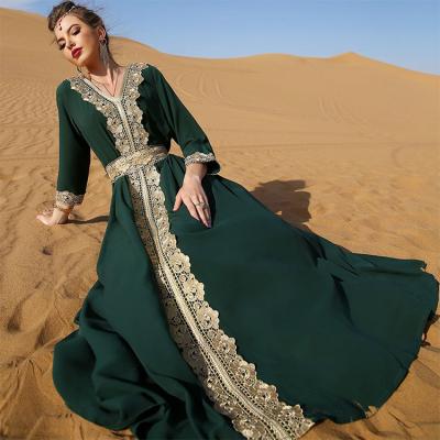 China High Quality V Neck Lace Long Sleeve Wrap Tied Army Green Maxi Dresses Islamic Long Skirts Sexy For Muslim Women for sale