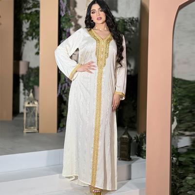 China New Arrival Anti-wrinkle Dubai Diamond White Satin-jacquard Eid Long Sleeve Maxi Dress skirt for muslim women muslim dresses for sale