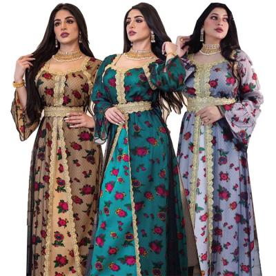 China New Arrival Dubai Floral Islamic Clothing Printed Patchwork Silk Mesh Ladies Muslim Dresses Gold for sale