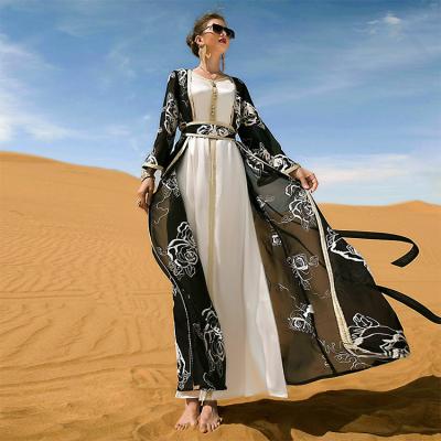 China Viable Hot Sale Eid Flower Embroidery Dubai Two-piece Ladies Dress Long Fashion Abaya Muslim Women Ethnic Dress for sale