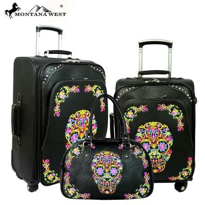 China Double Handle Montana West Sugar Skull Collection 3 PC Luggage Set Embroidered Black PU Leather Luggage for sale