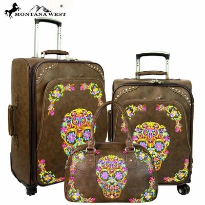 China Double Handle Montana West Sugar Skull Collection 3 PC Luggage Set Embroidered Coffee PU Leather Luggage for sale