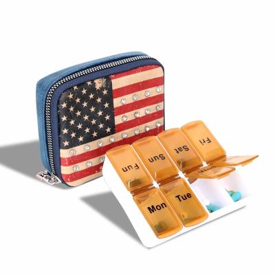 China Western Design Pill Box Travel Easy Carry Organizer Zippered Case American Flag Printing PU Leather Pill Box for sale