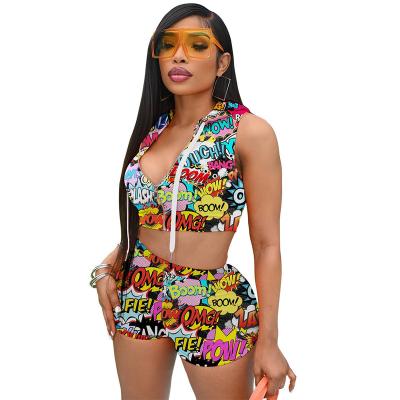 China Spandex/polyester European and American women's sports graffiti pattern printed short two-piece hooded shorts for sale