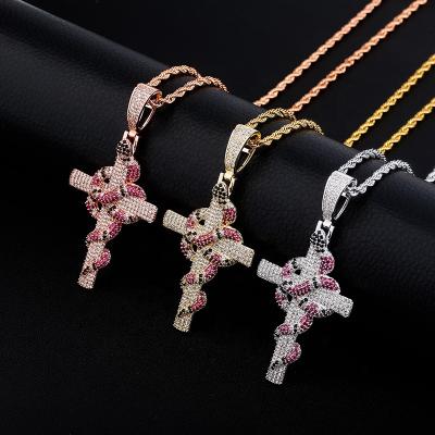 China New Retro Hiphop Jewelry Hiphop Christmas Halloween Gifts Bling Full Zircon Urban Snake Cross Pendant Necklace for sale