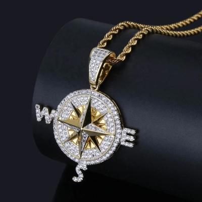 China Iced Out Hiphop Men's Cubic Zircon Compass Necklace And Pendant With Silver Rope Chain Hip Hop Gold Color Jewelry Gifts for sale